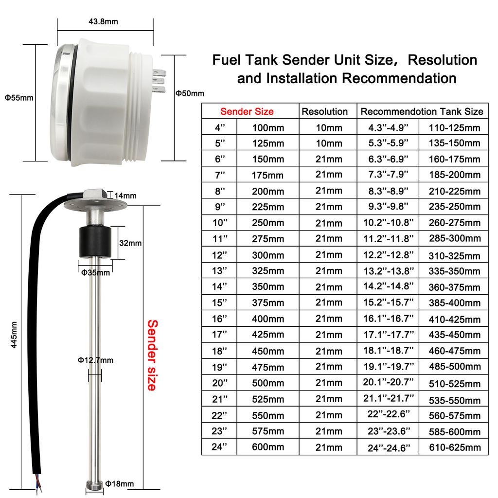 52MM Fuel Level Gauge With 0-190 Ohm Fuel Level Sensor 100-500mm Fit For Car Boat Marine Yacht Fuel level indicator 9-32V