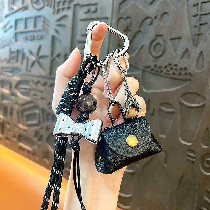 

Mini Dumpling Bag Coin Purse Keychain with Nylon Woven Strap Waterproof Faux Leather Hanging Charm Pendant one size чорний