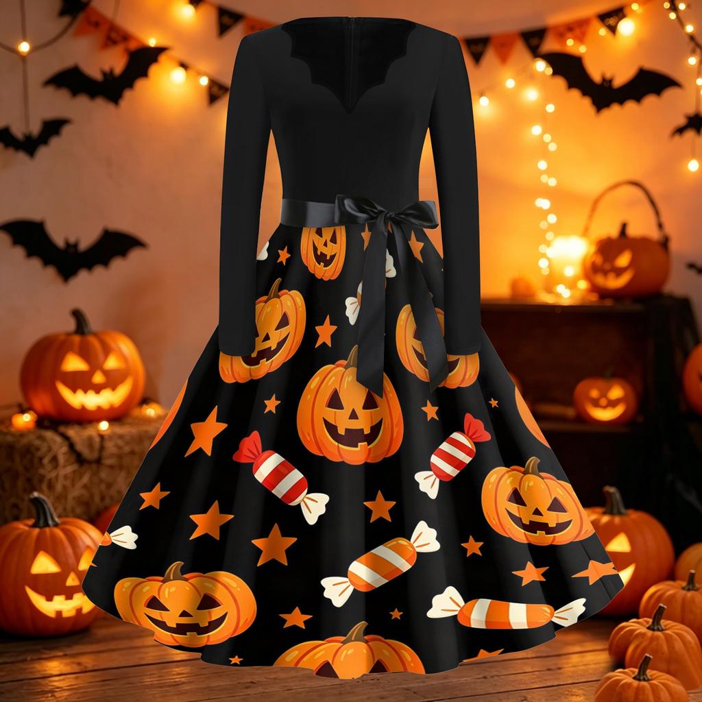 Womens Casual Halloween Print V Neck Vintage Dress Long Sleeve Fit Flare Midi Dress with Waist Tie Retro Style