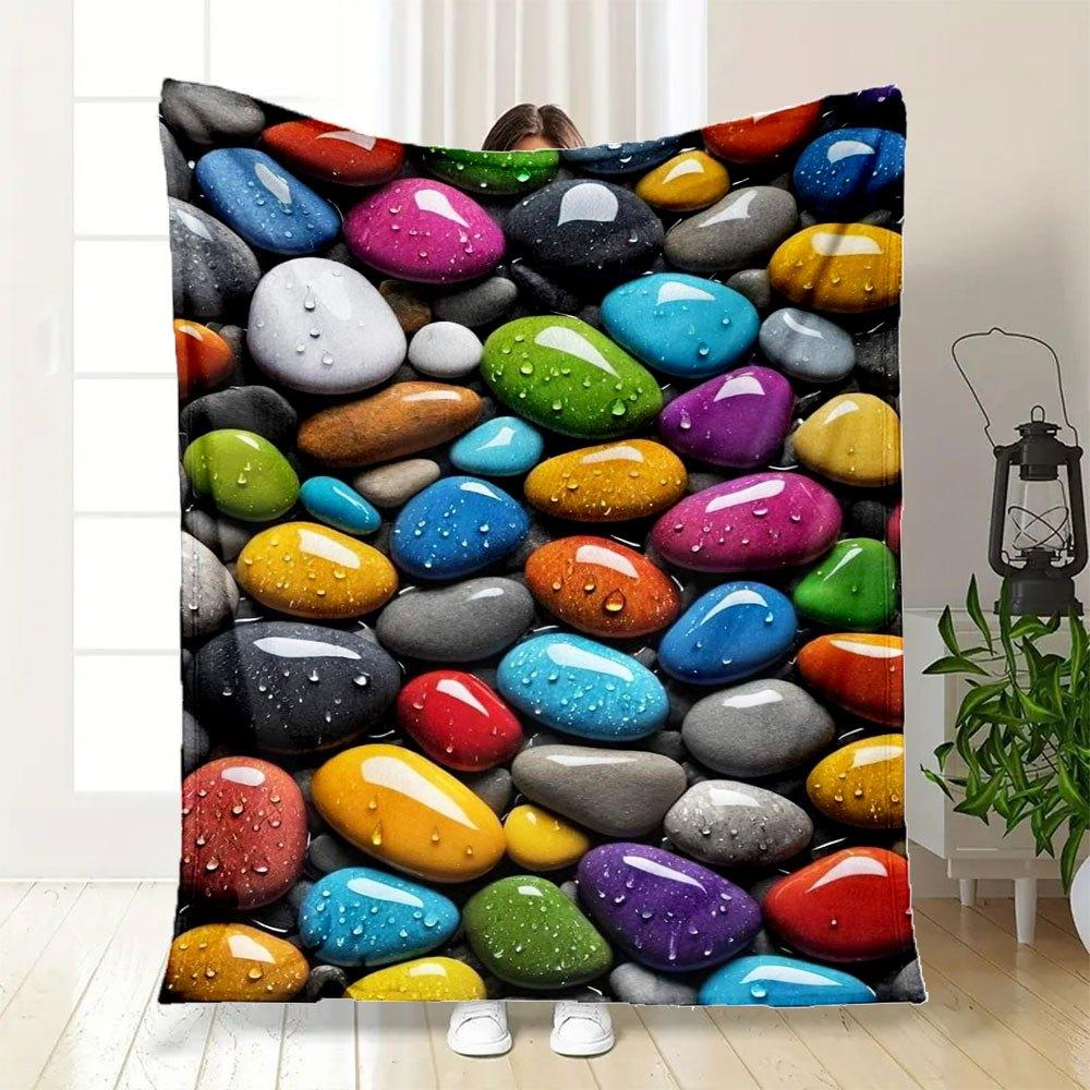 Colorful Pebbles with Water Drops Nature Decorative StonesBlanket Flannel Throw Blanket for Sofa, Bed, Travel, Camping, Office, Couch, Chair