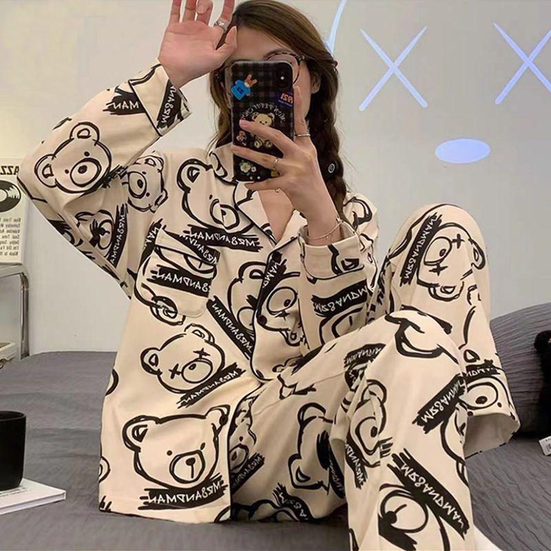 Pajamas women's spring and autumn imitation cotton high value fresh and sweet love women's long-sleeved trousers set loose loungewear