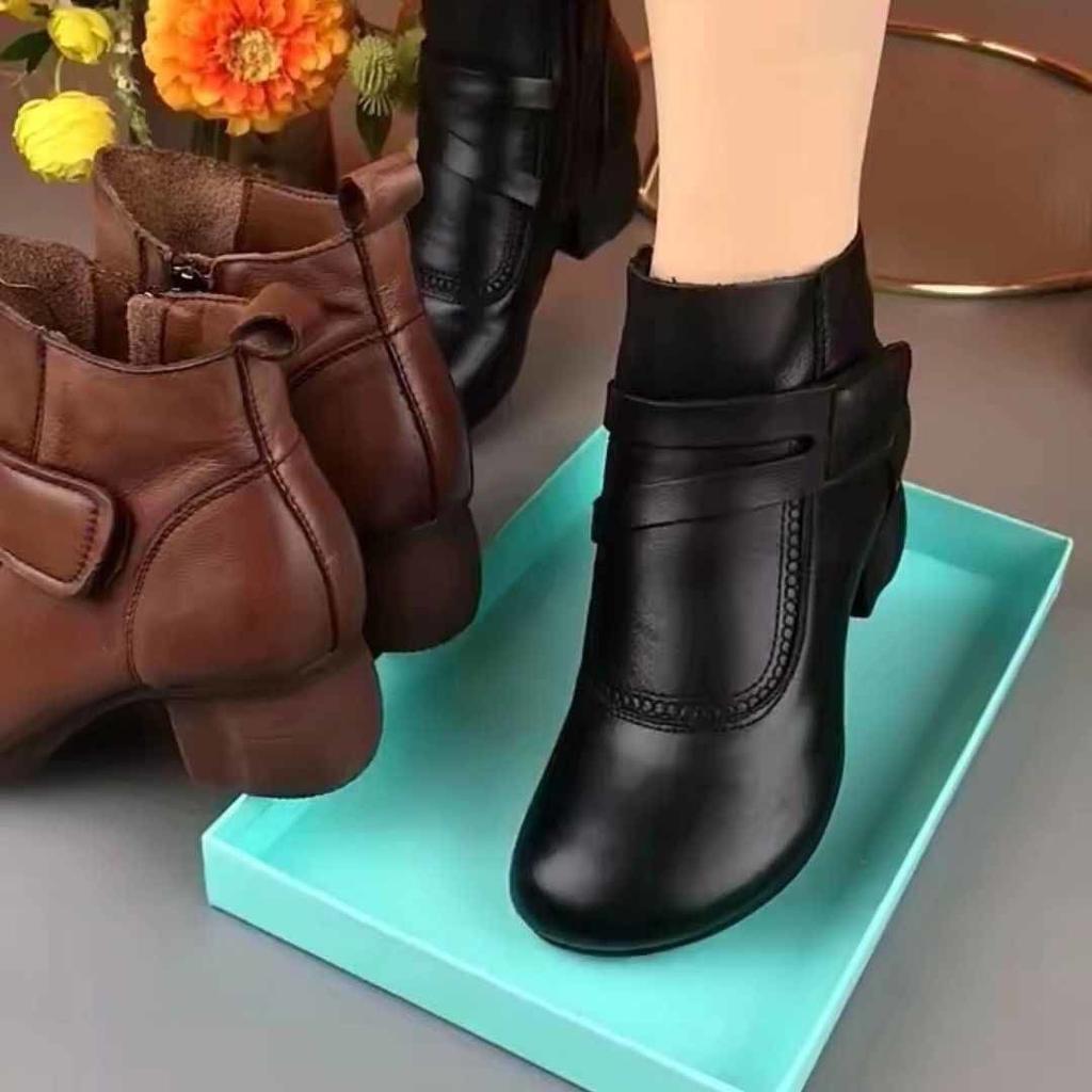 Feerldi Brand Vintage Boots Woman Ethnic Style Retro Short Boots Thick Heels Round Toe Comfort Mom Snow Boots with Side zippers