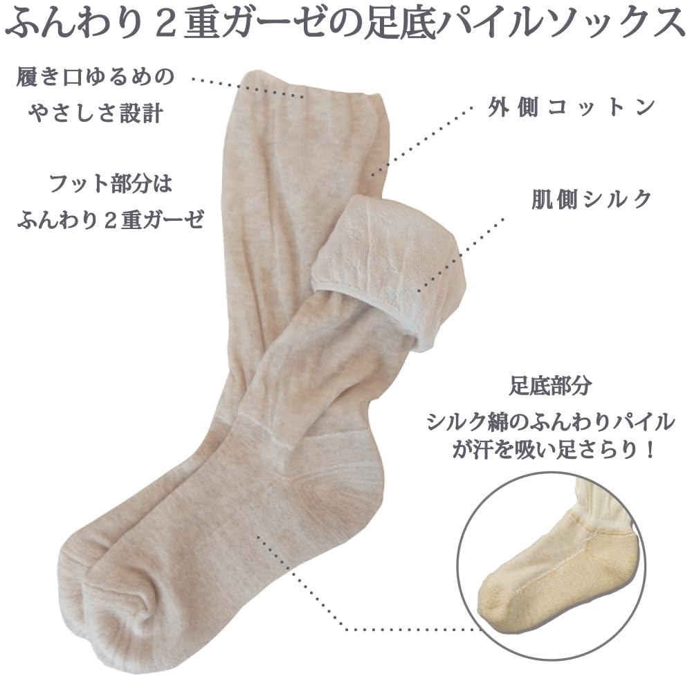 Sunayama Soft Gauze Socks In with Silk On the Skin 8732SK Sizes (Made Japan) 92% Side. (JP, 22.0 Cm, 24.5 Cm, Regular, Beige)
