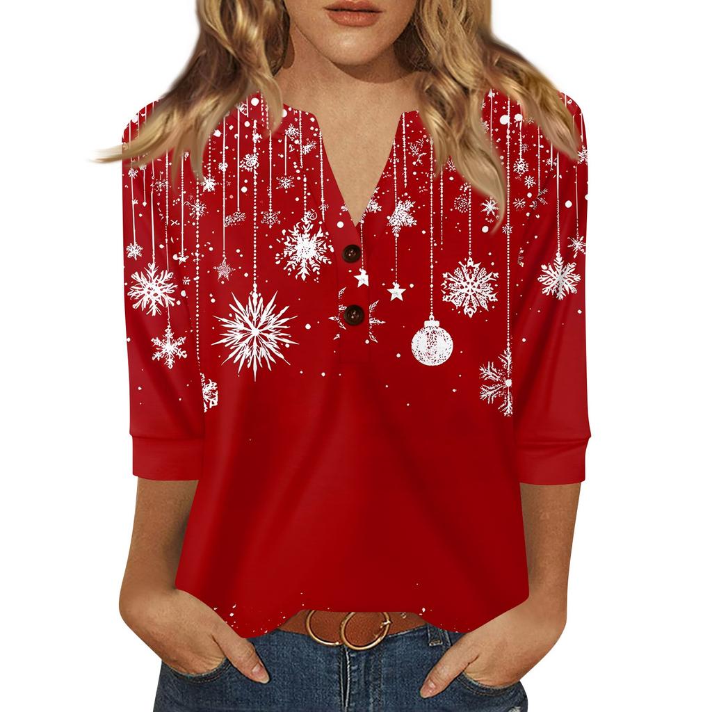 Women's T Shirt Christmas Print Button 3/4 Sleeve Daily Weekend Fashion Basic V- Neck Regular Top
