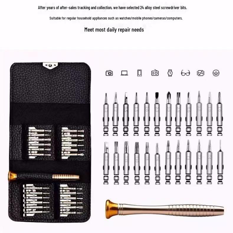 25-in-1 Portable Leather Bag Screwdriver Set for Phone, Computer, and Watch Repair.