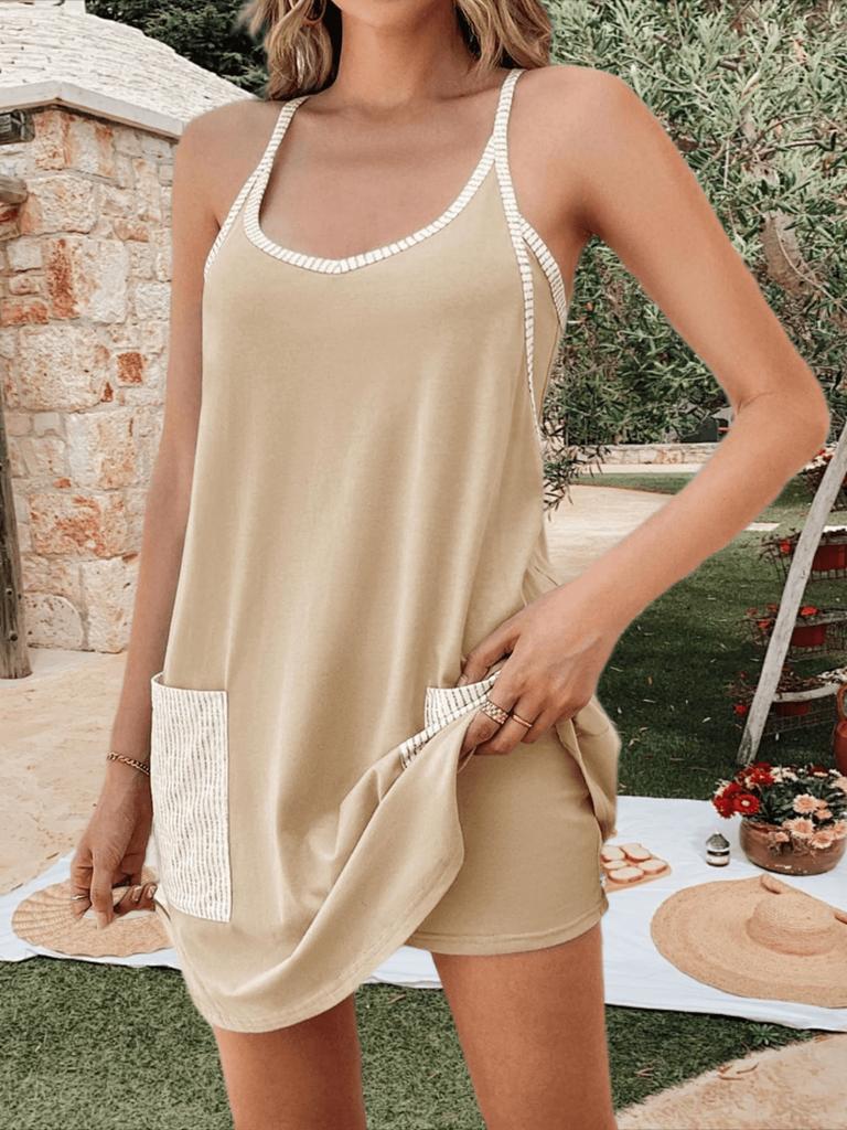 Damski Mini Romper Sukienka Sportowa Tenisowa z Wbudowanymi Szortami i Kieszeniami