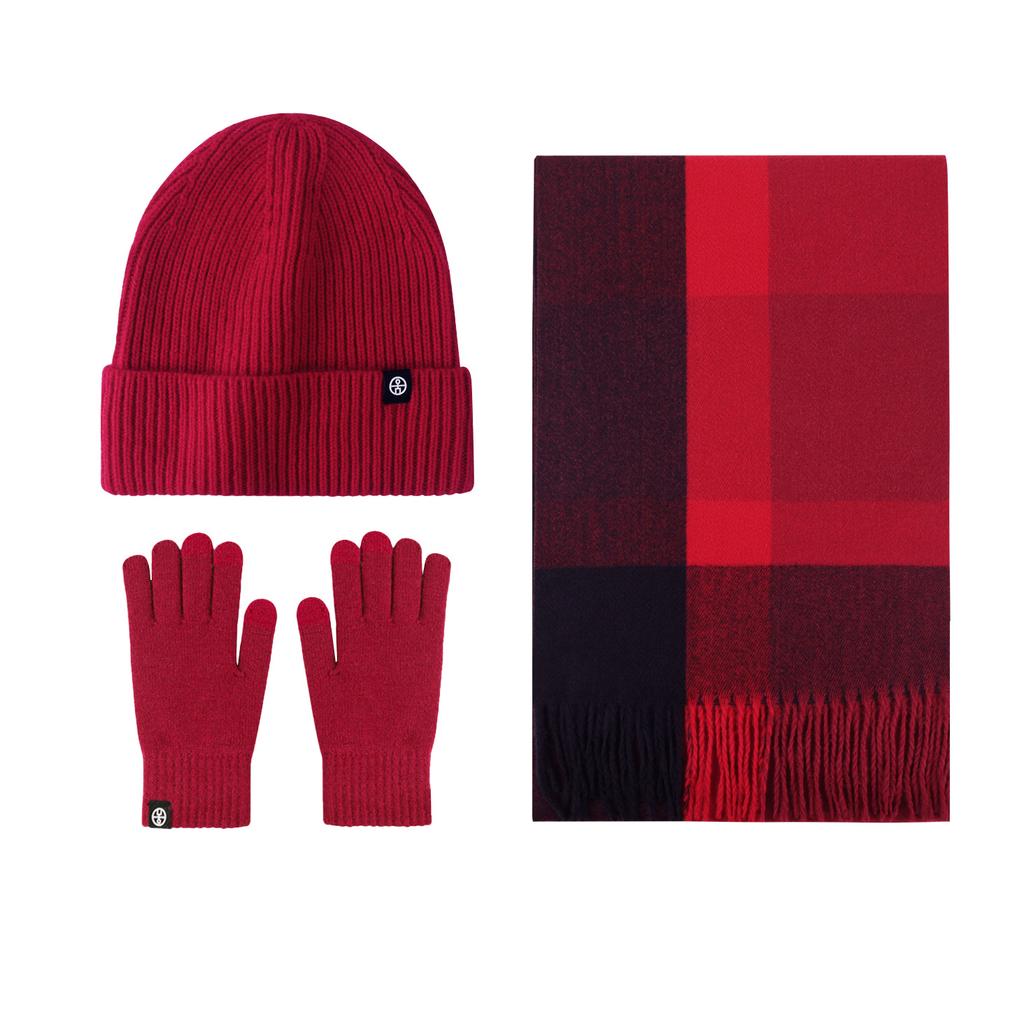 Ankola Red Hat Scarf Glove Cover Set Winter Warm Outdoor Cold Thickened Velvet Ear Protector Knitted Hat