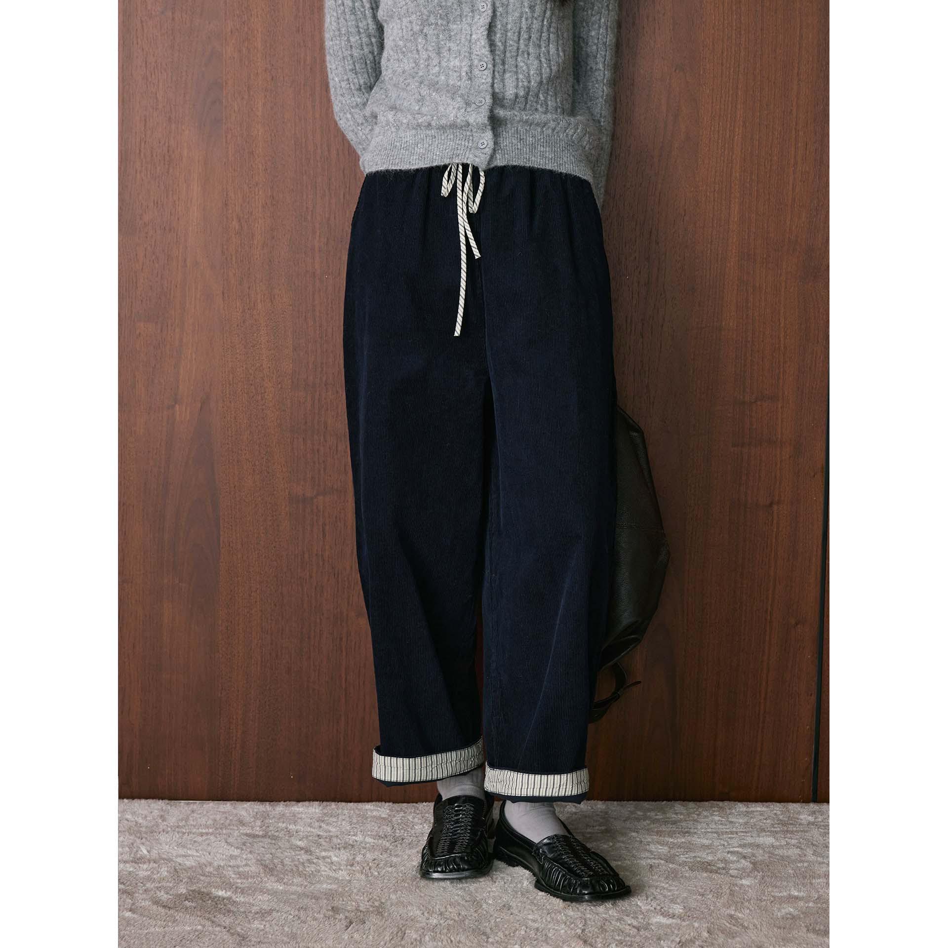 Louvre Retro Korean Corduroy Wide-Leg Drawstring Pants for Women Medium