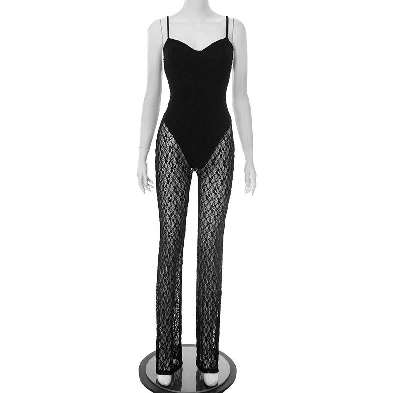 

European and American Foreign Trade Women s Clothing Sexy Lace Tube Top Strapless Backless Slightly See-Through Mesh Long Pants Jumpsuit for Women Black S
