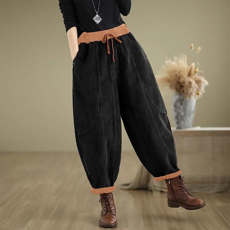 Women's Winter Thickened Vintage Corduroy Harem Pants Casual Warm Trousers