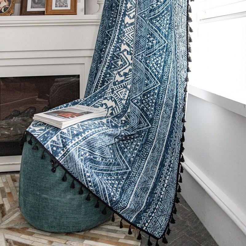 

Boho Blue Geometry Cotton Linen Curtain Black Tassel Curtains for Living Room Bedroom American Style Vintage Drape Valance W150 x H160cm&Threading Rod