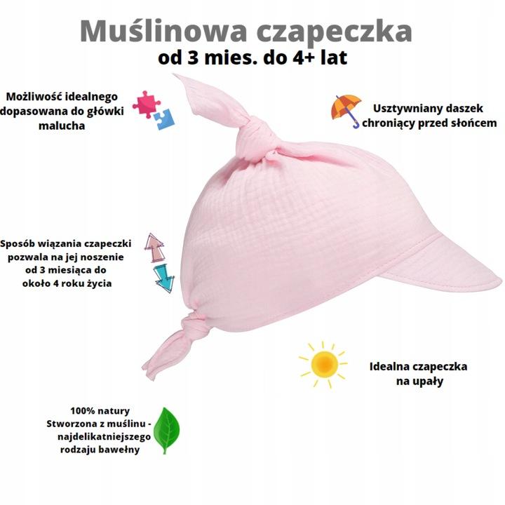 Czapka Chusta Chustka Muślinowa Z Daszkiem Różowa Dla Dziewczynki Letnia