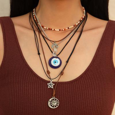 Vintage Blå Ögon Oregelbunden Grus Halsband Kvinna, Etnisk Stil Stjärna Och Måne Hänge Vaxad Tråd Halsband