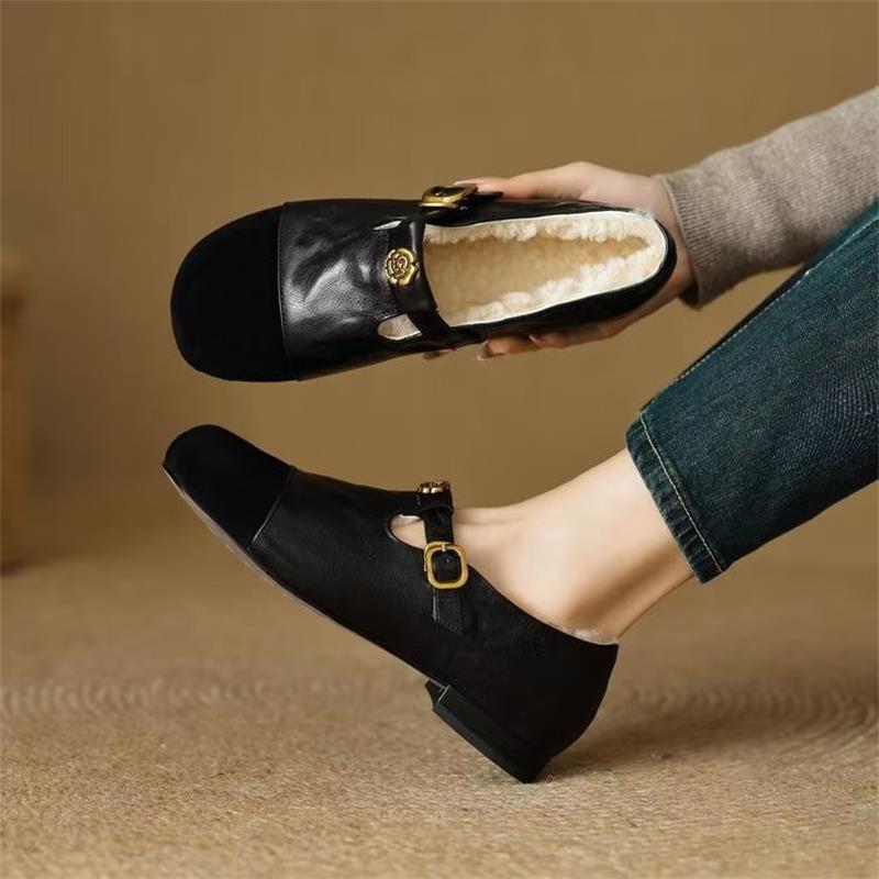 Camellia Retro Mary Jane Frosted New Single Shoes Flat Bottom Shallow Mouth Versatile Round Head Velvet Warm Leather Shoes