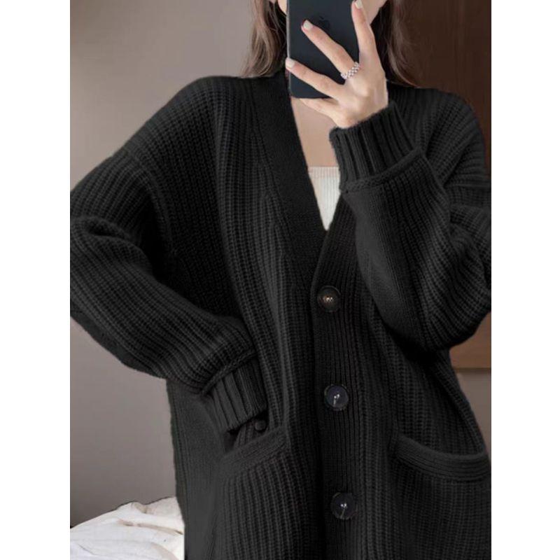 

New Spring and Autumn Women s Clothing Long Sleeves Cardigan V Neck Woolen Sweater Cashmere Sweater Sweater Loose Pure Color Knitted Underwear Top Black Free size