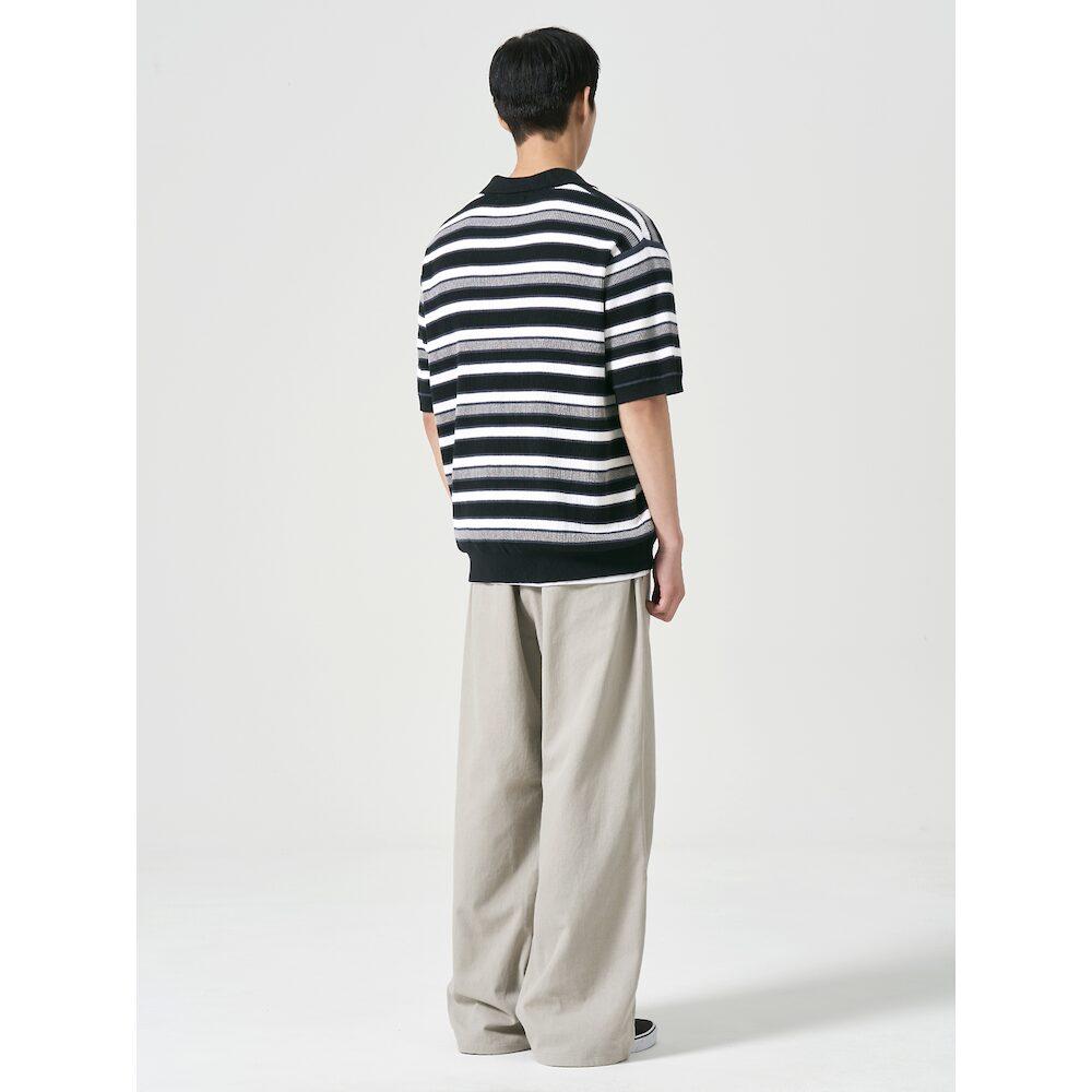 8SECONDS Multi-Stripe Collared Short-Sleeve Knit Black