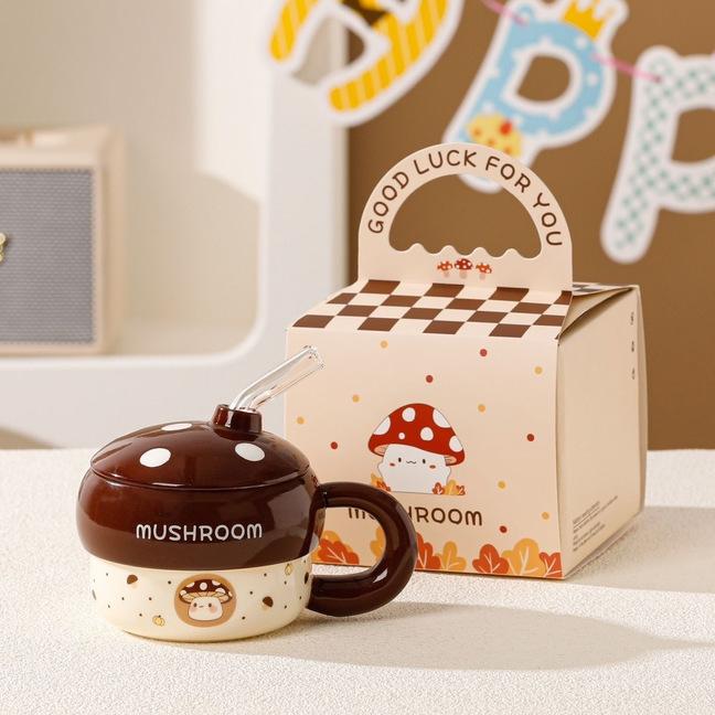 Cute Mushroom Ceramic Straw Cup, High-value Souvenir, Mug for Girlfriends, Couples, Water Cup with Lid