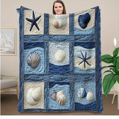 [1pc Vintage Blanket] Cozy Vintage Nautical 1pc Starfish and Seashell Patchwork Flannel Blanket | Soft Polyester Knit Fabric