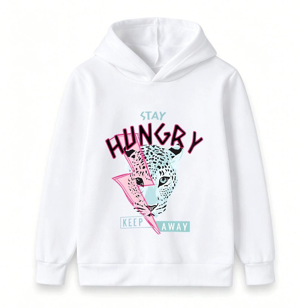 Kids Boys Girls Pullover Hoodie Cool Leopard Lightning Print Stay Hungry Long Sleeve Casual Sweatshirt for Children