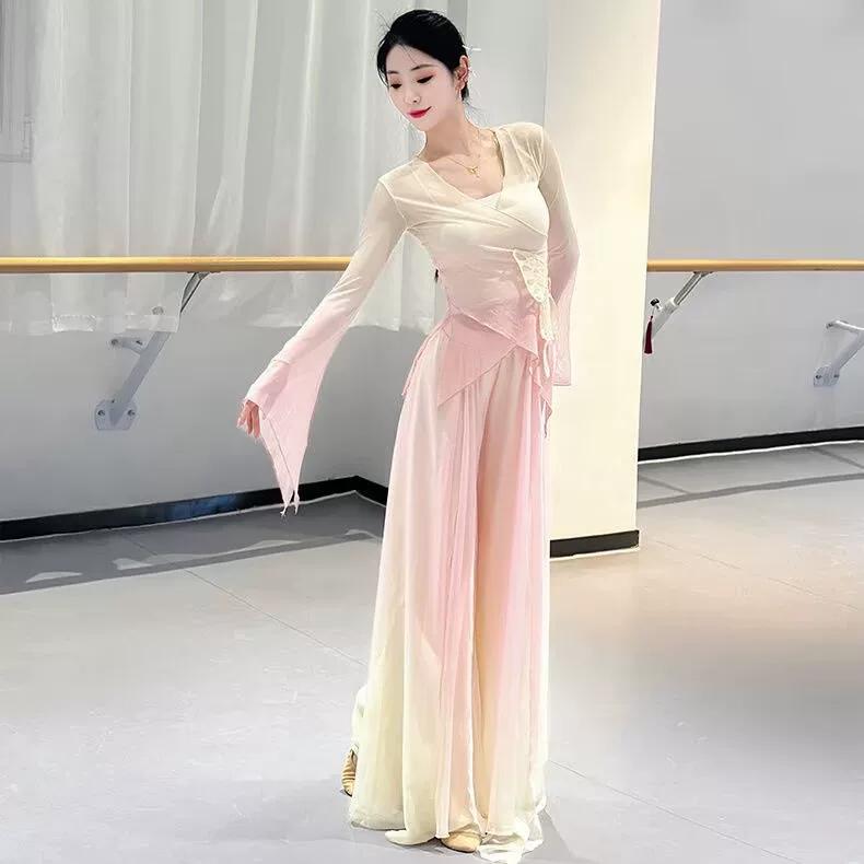 Women's Gradient Butterfly Chinese Classical Dance Set, Sheer Chiffon Tunic & Flowy Pants For Practice & Performance
