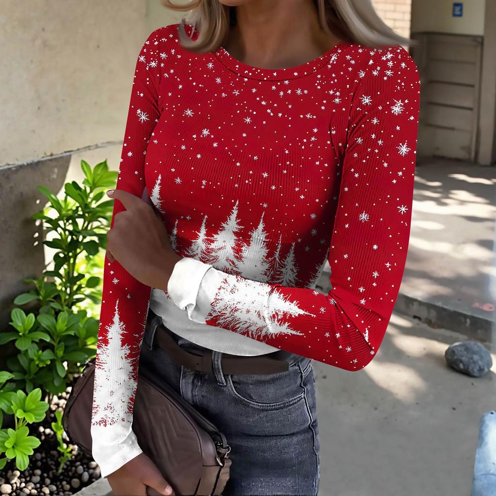 Women's  Slim Bottom T-shirt Fashion Casual Gradient Printing Round Neck Pullover Long Sleeve Top