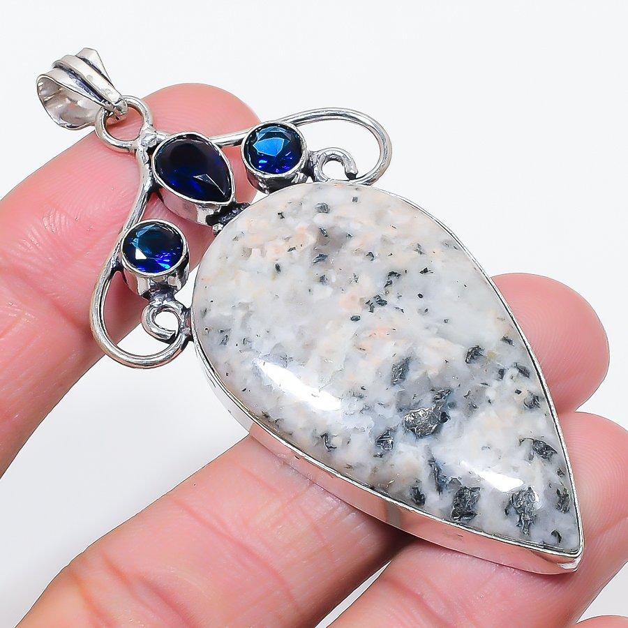 Natural K2 Blue Azurite, Topaz 925 Sterling Silver Jewelry Pendant 3.03" D8C77