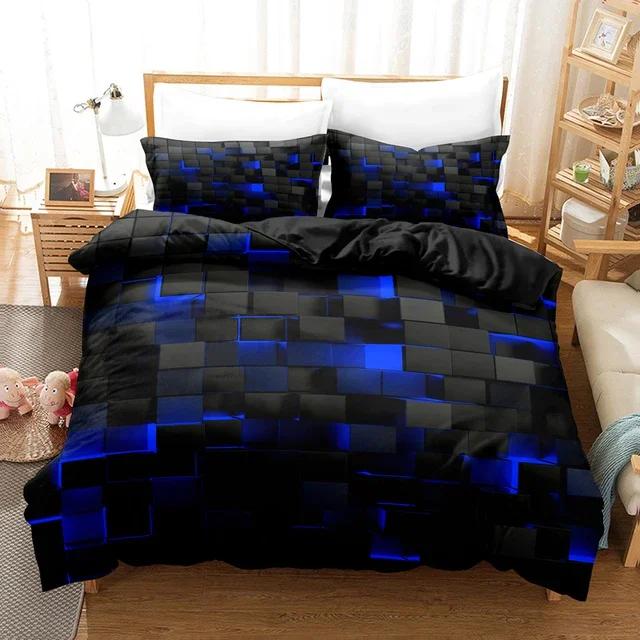 3pcs Blue Grid Print Bedding Sets Comfortable 3pcs Duvet Cover Set (1xDuvet Cover + 2xPillowcase Without Core)