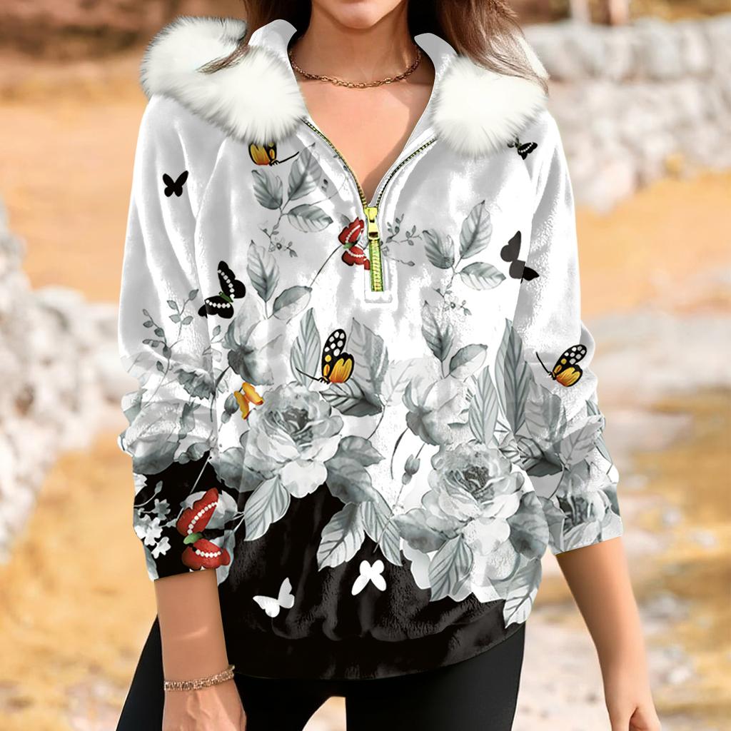 Women's Loose And Comfortable Casual Fashion Half-Zip Hooded Long Sleeve Conventional Printing Top