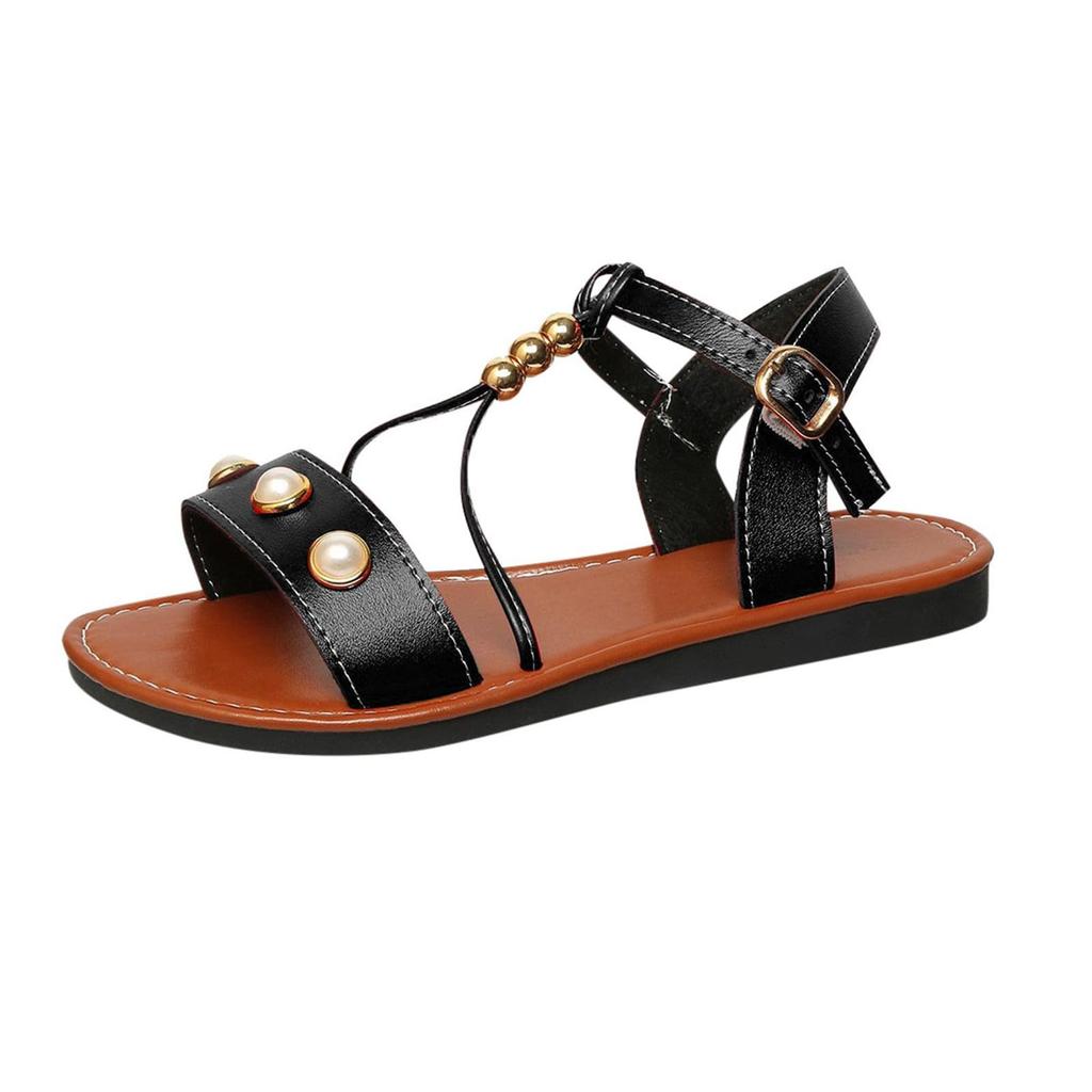 Retro Roman Pearl Buckle Flat Bottomed Comfortable Beach Sandals