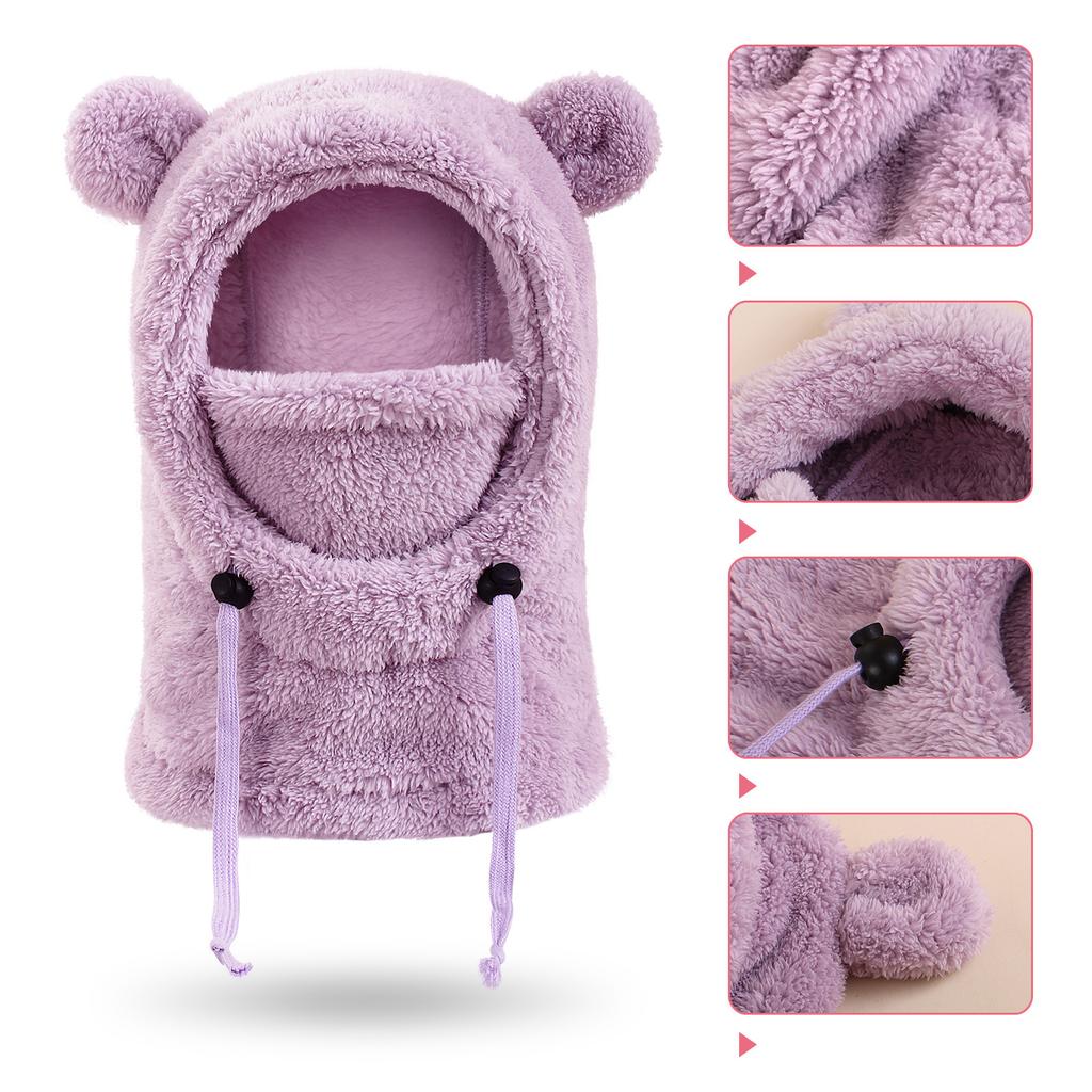 Kids Thermal Hat with Face Cover Animal Ear Flap Winter Warm Balaclava Style Integrated Neck Warmer Windproof Cold Weather Hood for Children