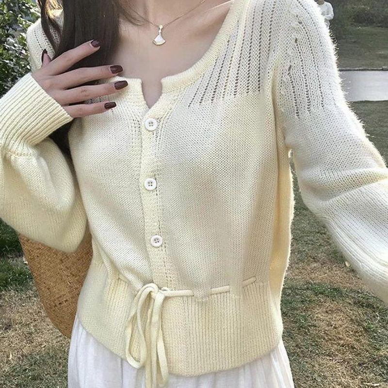 Gentle wind drawstring round neck long sleeve thin knitted cardigan women spring and autumn design hollow sweater jacket women