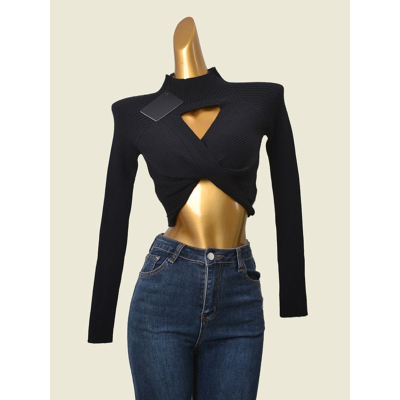 Export Fashion Cards Sexy Midriff-Baring Long Sleeve Knitwear Fashion Sexy Cut Out High Elastic Half Turtleneck Short Tops