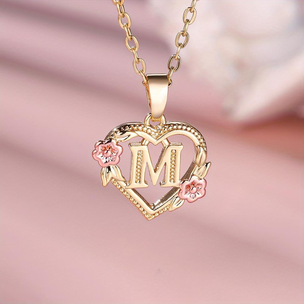 1 Pc Golden Color 26 English Letter Heart Necklace Rose Flower Pendant Wedding Band Jewelry Valentine's Day Gift