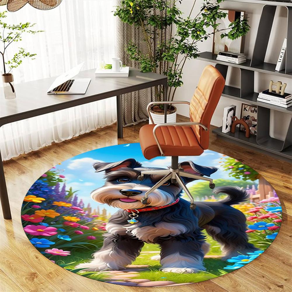 1PC Garden Dog Schnauzer Round Chair Mat Area Rug - Non-Slip, Floor Mat for Office, Bedroom, Home Decor Christmas Gift C0528050