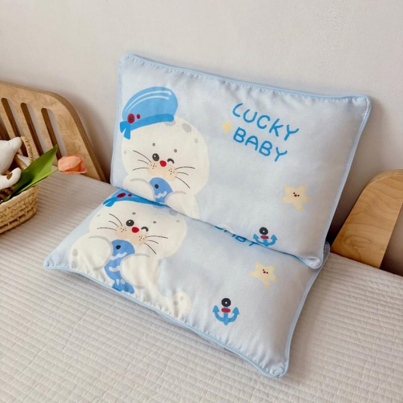 Soft Cotton Double Layer Gauze Kids Pillowcase With Fiber Filled Pillow Core Toddlers 30x50cm Cartoon Design