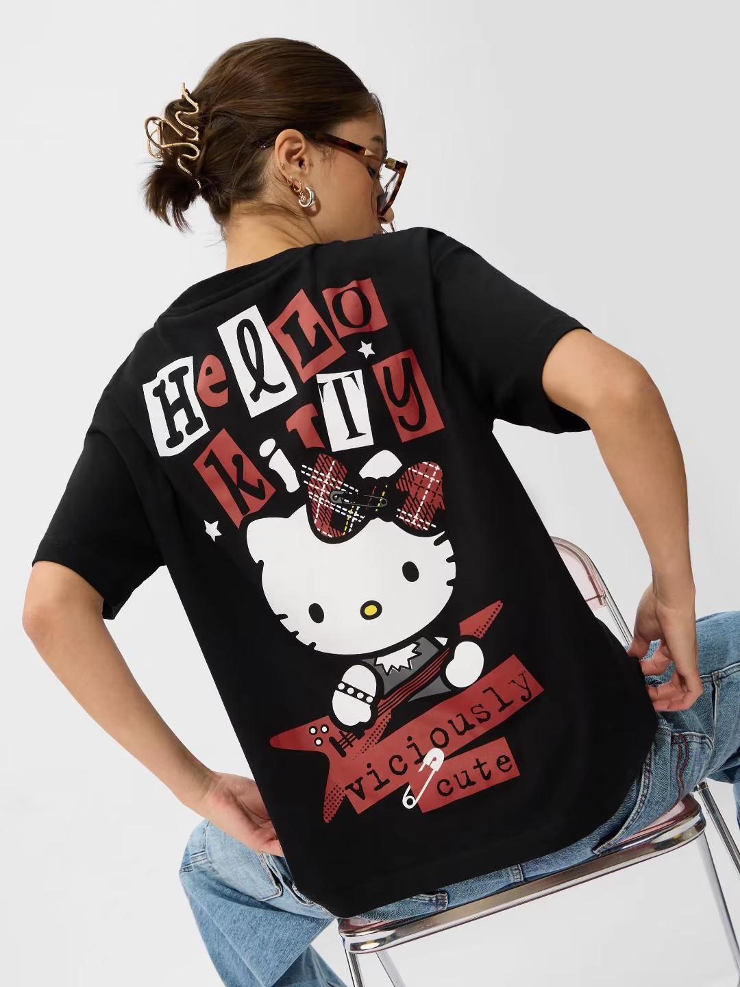 

2026 Summer Hello Kitty Block Letter Oversized Tshirt High Quality 100 Cotton Block Print Unisex Casual Tee for Adults Kids S