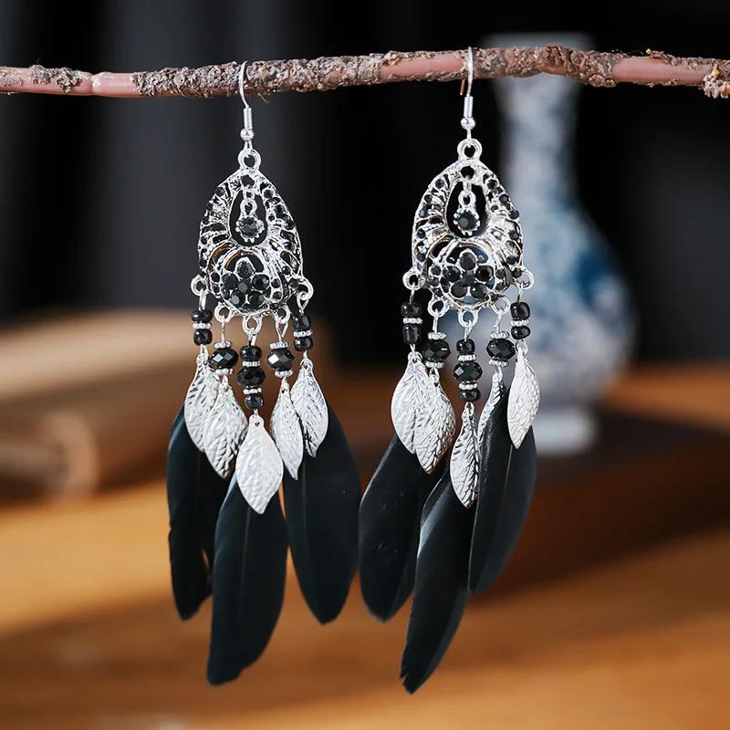Bohemain Feather Long Earrings For Women Vintage Geometric Handmade Crystal Beads Wedding Drop Dangle Boho Girls Ear Jewelry