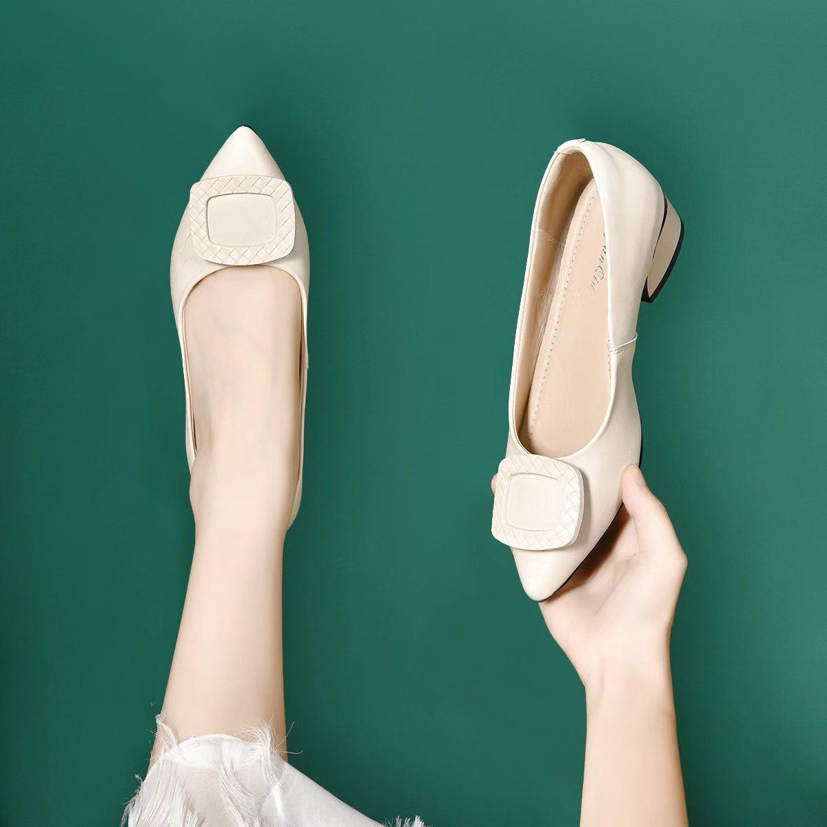 

Square buckle single shoes women s spring and autumn new pointed leather thick heel medium heel low heel versatile spring work work leather shoes 35