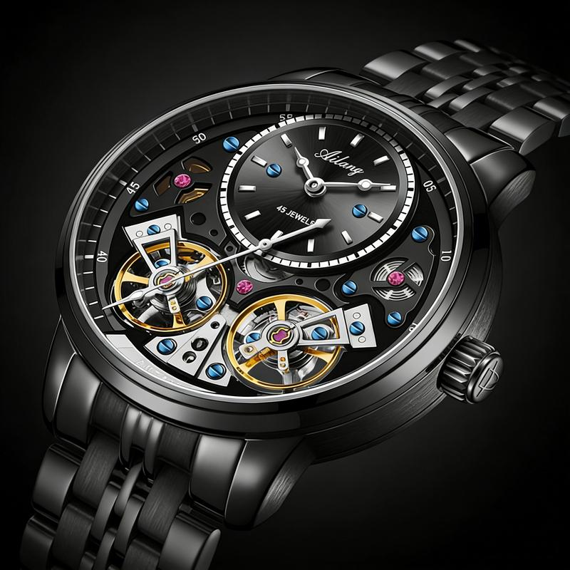 Super Cool Black Steel Double Tourbillon Men's Watches Independent Seconds Automatic Mechanical Watch Men Fashion Relogio