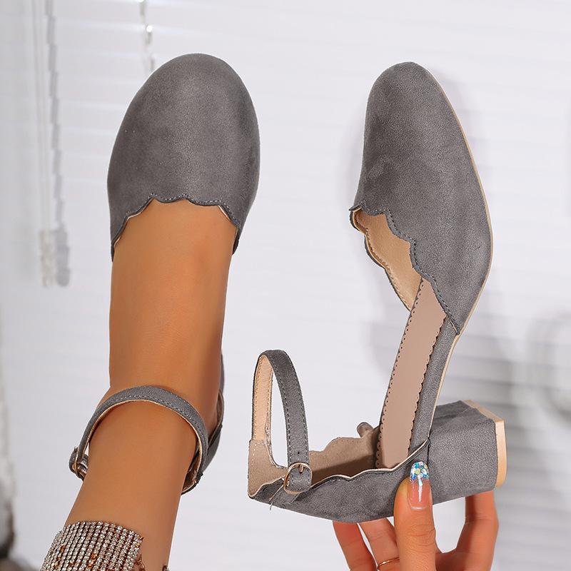 Spring and summer new solid color round head ruffle edge high heels women's shoes light mouth one-word buckle thick heel single shoes