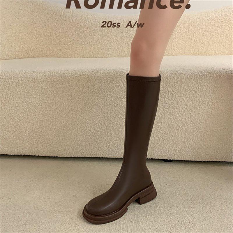 Strong Push~! Huge and Thin! Ins Retro Brown Round Head Thick Sole Medium Heel High Boots Elastic Thin Boots Long Boots