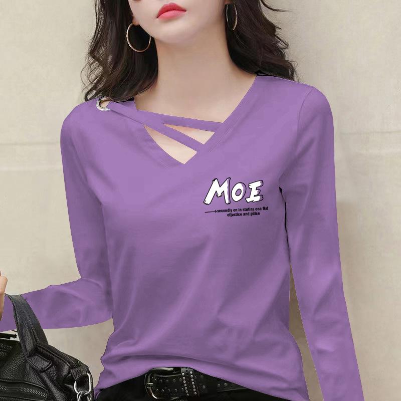 

2025 Plus Size Women s V-Neck Cotton Long Sleeve T-Shirt - Korean Style, Versatile, Loose Slimming Design for Autumn/Spring L [90-105 lbs]