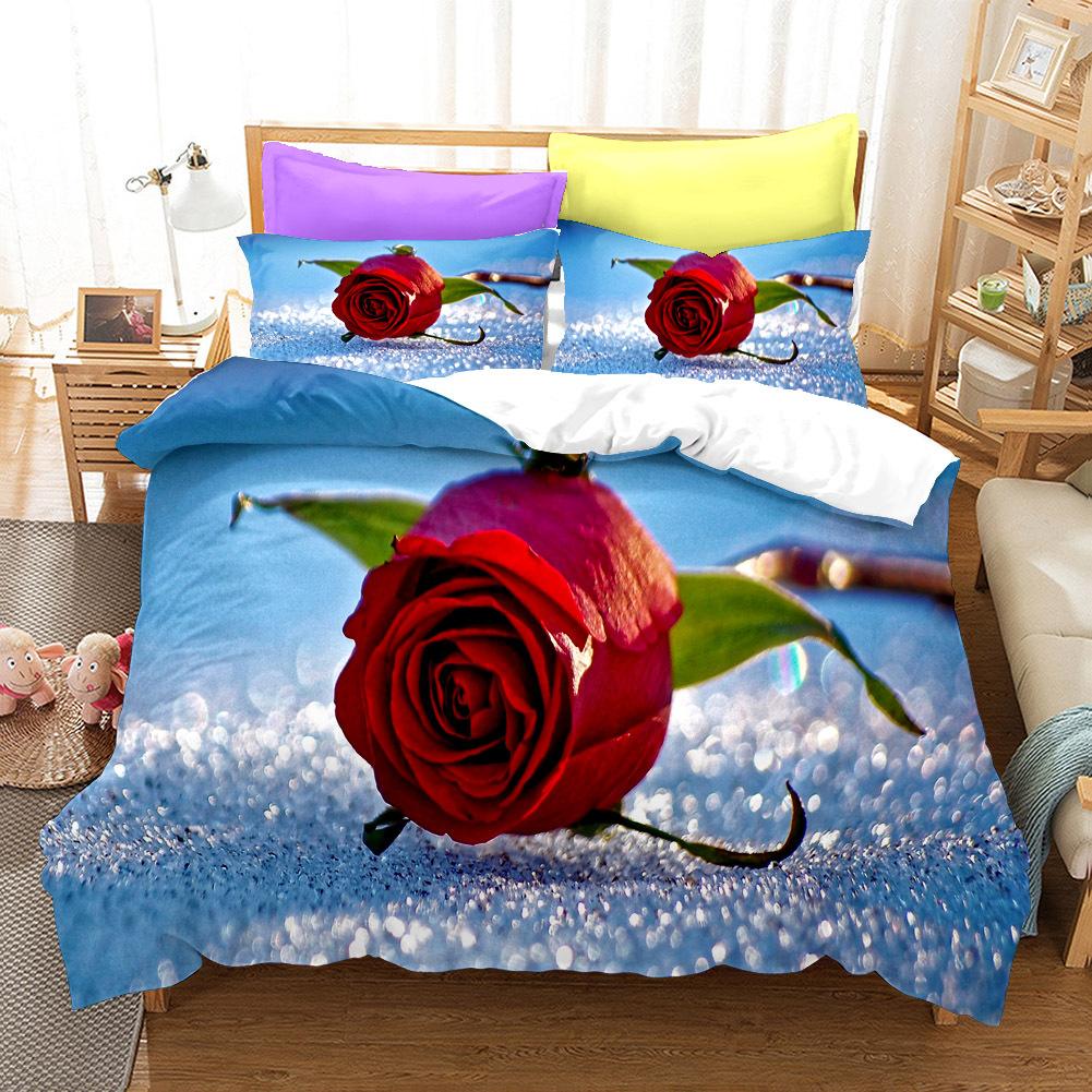 3D Printed Rose Bedding Set Romantic Love Down Duvet Cover Pillowcase 2/3pc King Queen Bed Flower Cover Women Couple Cover