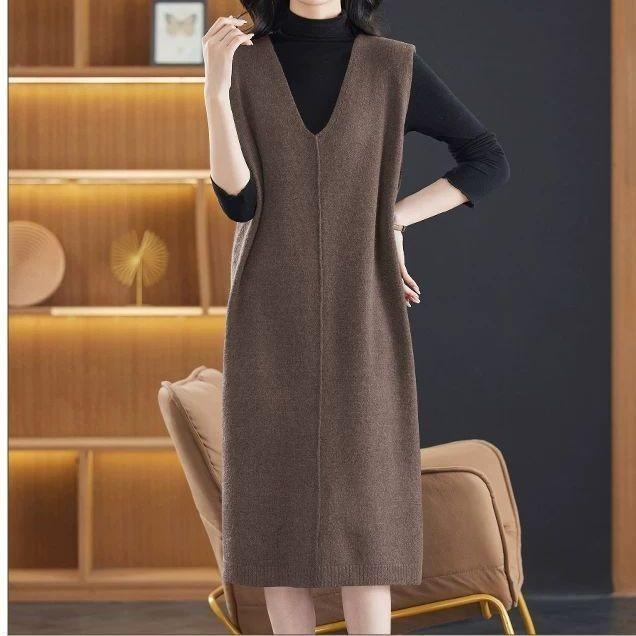 

Платье-жилет средней длины Свободный жилет для иностранных женщин Повседневное платье Однотонное платье без рукавов Вязаное платье XL коричневый