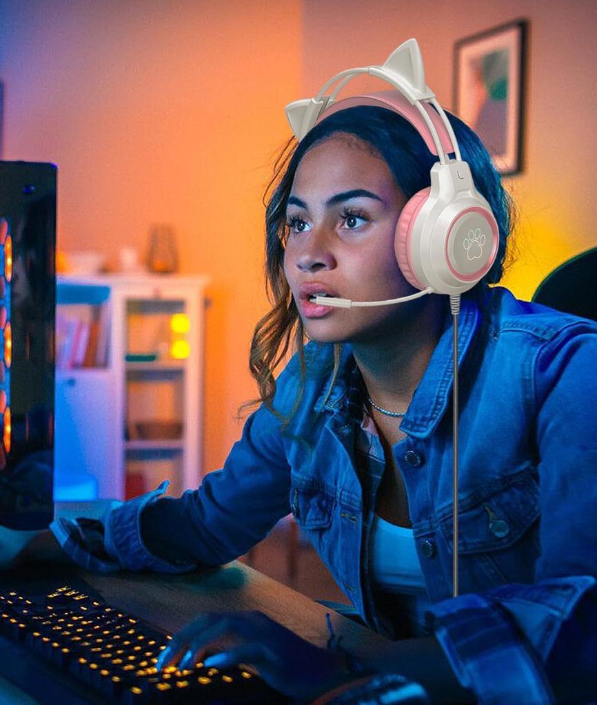 YIK TUNG Cat Ear Gaming Wired Headphones 40MM Speaker with RGB USB Soft Protective Good Sound Adjustable Compatible with Language New Japanese