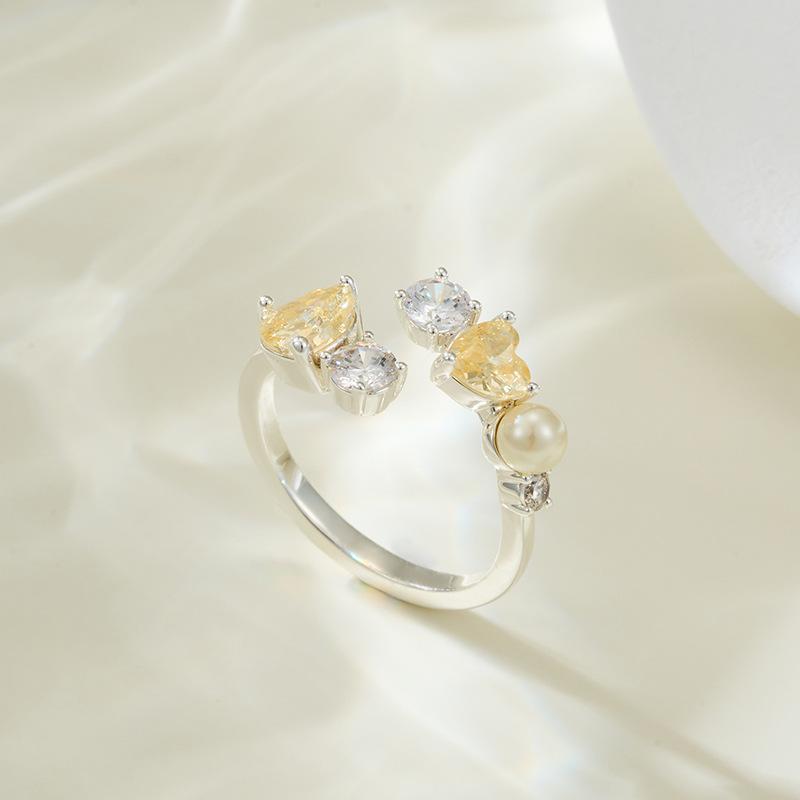 High Sense Full of Imitation Pearl Love Zircon Open Ring Romantic Stacking Artifact Adjustable Index Finger Ring