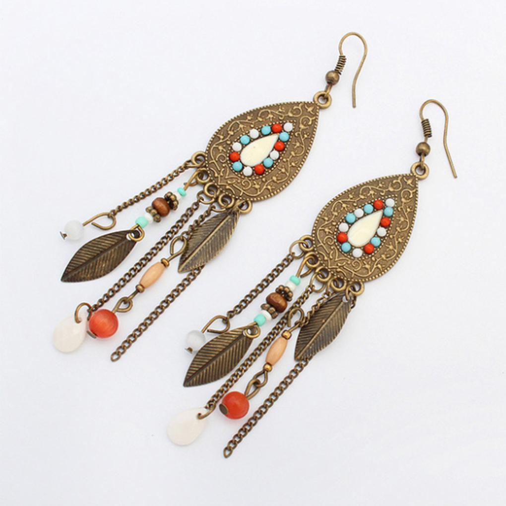 1 Pair Women Girls Oval Leaves Alloy Hook Ear Studs Tassels Beads Long Earrings
