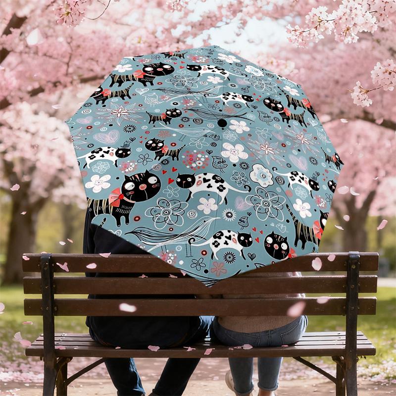 1PC Cats Flowers Umbrella-8-Rib Reinforced Portable Folding Travel Suitable for All Seasons Outdoor Daily Use -J0332