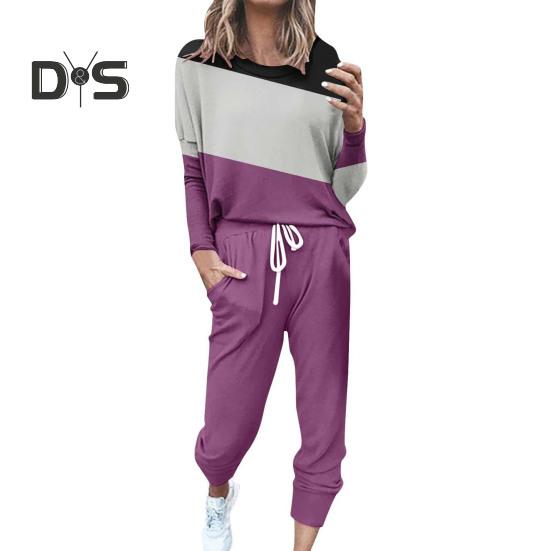 

2 шт./комплект женский топ брюки костюм круглый вырез длинный рукав цветной спортивный свитшот с завязками эластичный пояс брюки фитнес одежда осень весна M темно-фиолетового