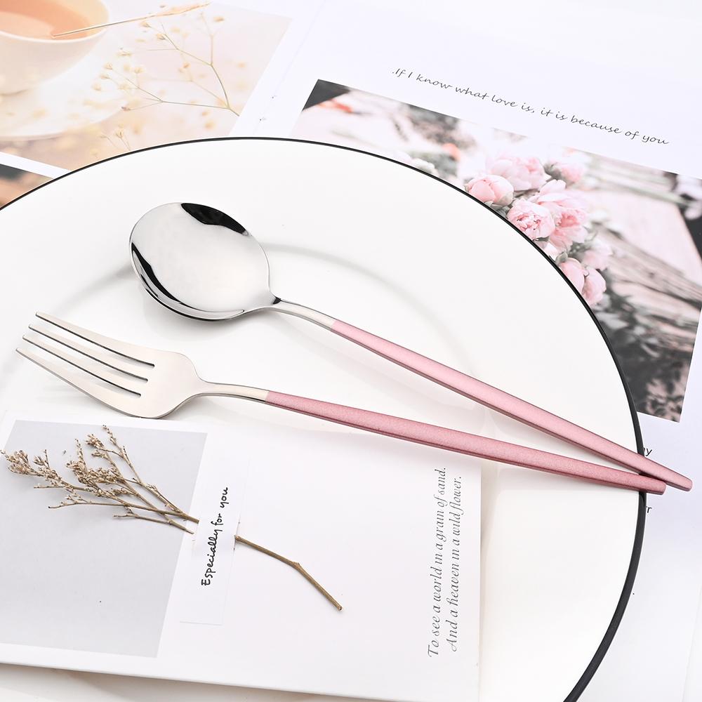 Drmfiy Pink Silver Stainless Steel Dinnerware Set Fork Knife Soup Ice Spoon Cutlery Set Western Flatware Kitchen Silverware Set